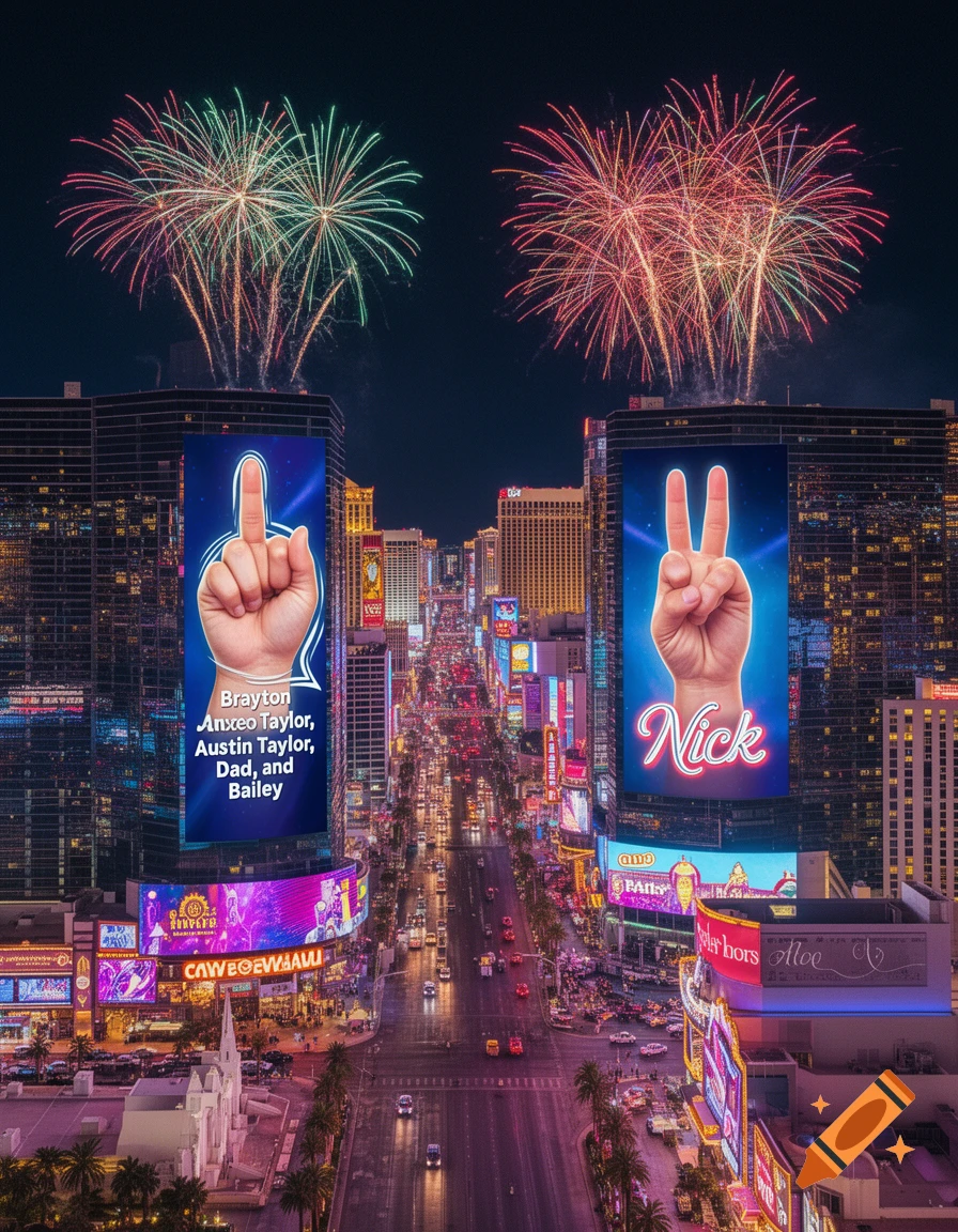 Aerial view of a vibrant Las Vegas strip at night, with fireworks exploding above skyscrapers. Two large billboards display a hand making a middle finger gesture and a peace sign.