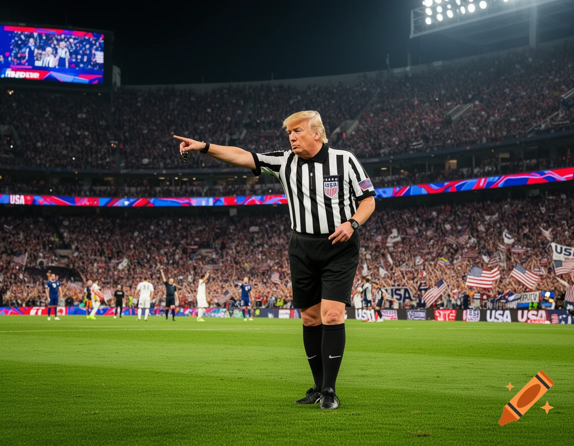 Donald Trump as a soccer referee, wearing a striped uniform and pointing, stands on a green field in a crowded stadium at night.