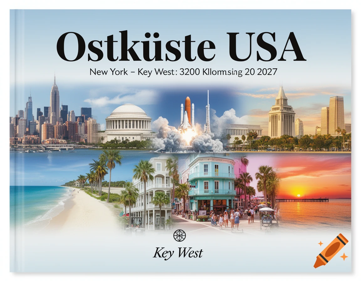 Photorealistic travel book cover titled 'Ostküste USA', featuring a collage of East Coast landmarks like New York City, Washington DC, a space shuttle launch, a tropical beach, and a Key West sunset.