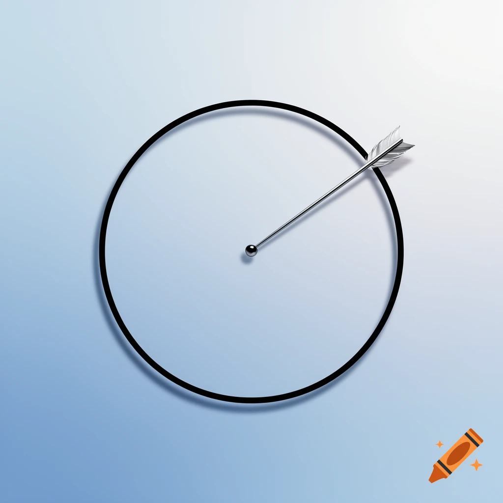 A minimalist illustration of a silver arrow hitting the circumference of a black circle from its center on a blue gradient.