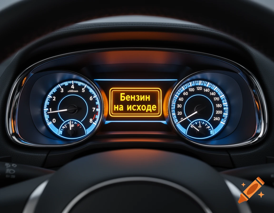 A close-up view of a modern car dashboard with illuminated blue gauges and an orange digital display showing "Бензин на исходе" (Gasoline is running out).