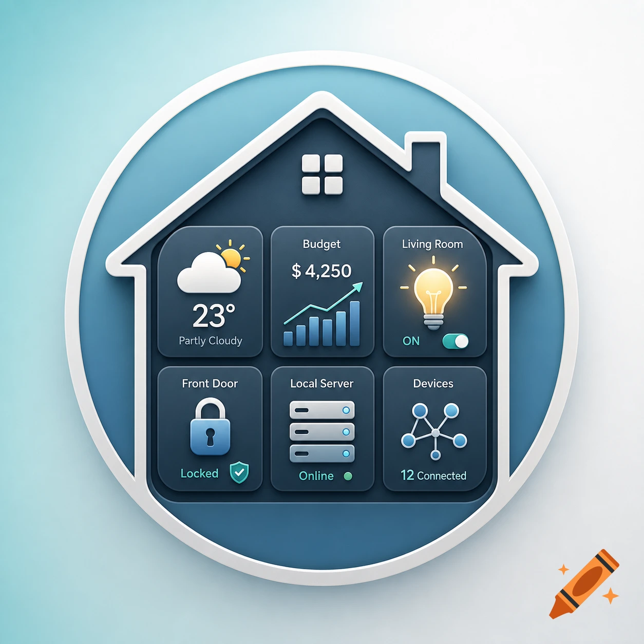 A 3D smart home dashboard icon in blue, displaying widgets for weather, budget, lighting, door lock, server, and connected devices.