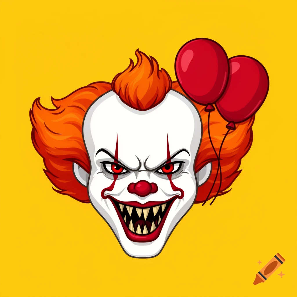 Cartoon scary clown face with sharp teeth, red eyes, orange hair, and red balloons, on a yellow background.