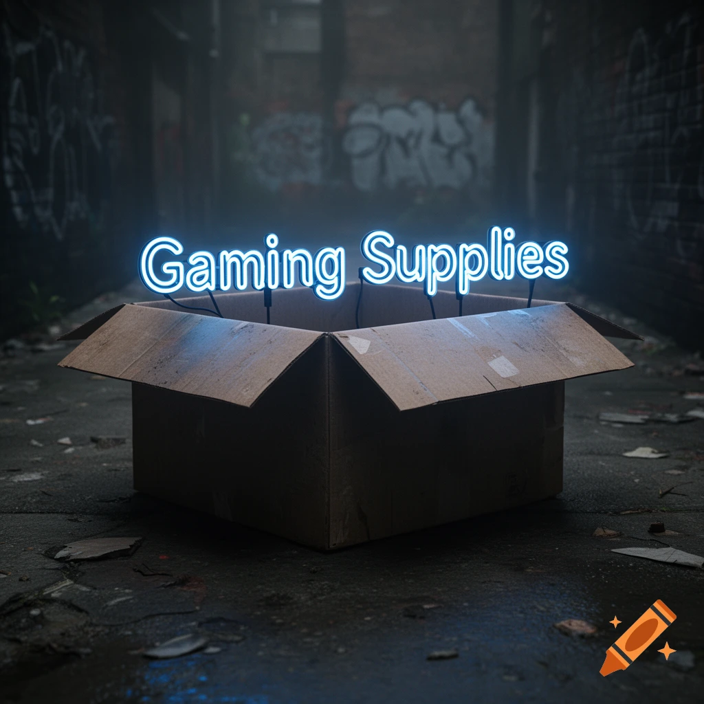 A cardboard box with blue neon text 'Gaming Supplies' sits on a wet alley floor, with graffiti on brick walls.