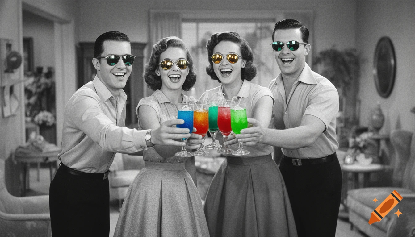 Four smiling 1950s-style friends in black and white, wearing sunglasses and toasting with colorful drinks.