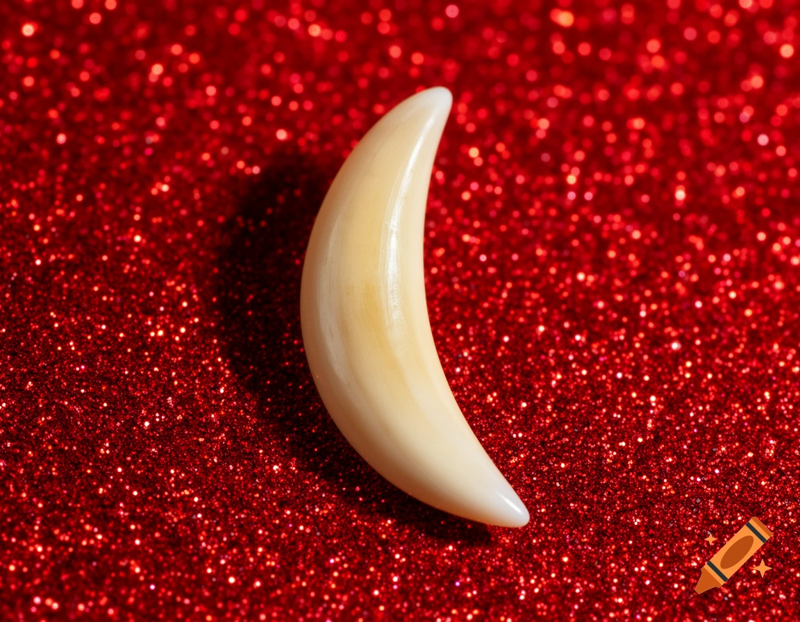 A close-up of a creamy white tiger's tooth on a vibrant red glitter background.