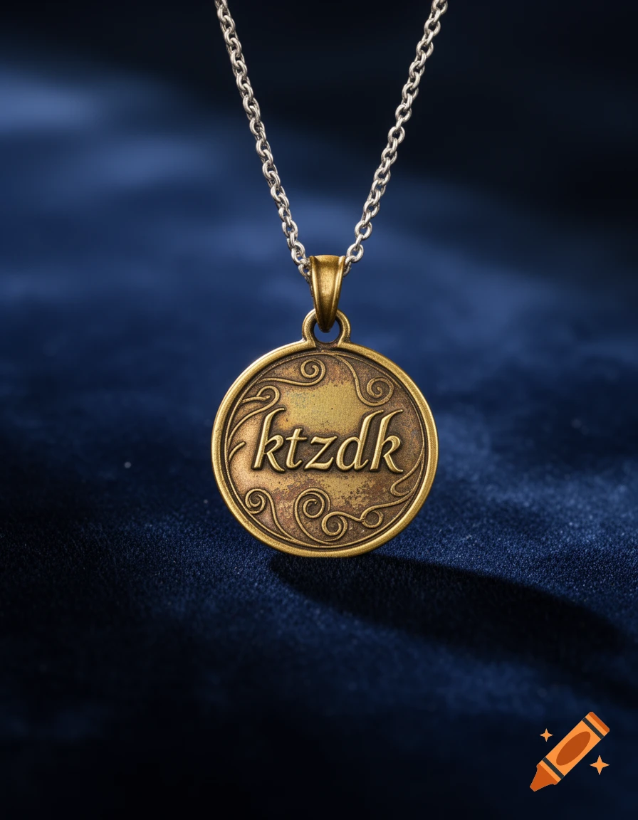 A close-up shot of a round, antique bronze pendant with the ornate text 'ktzdk' on a silver chain against a dark blue background.