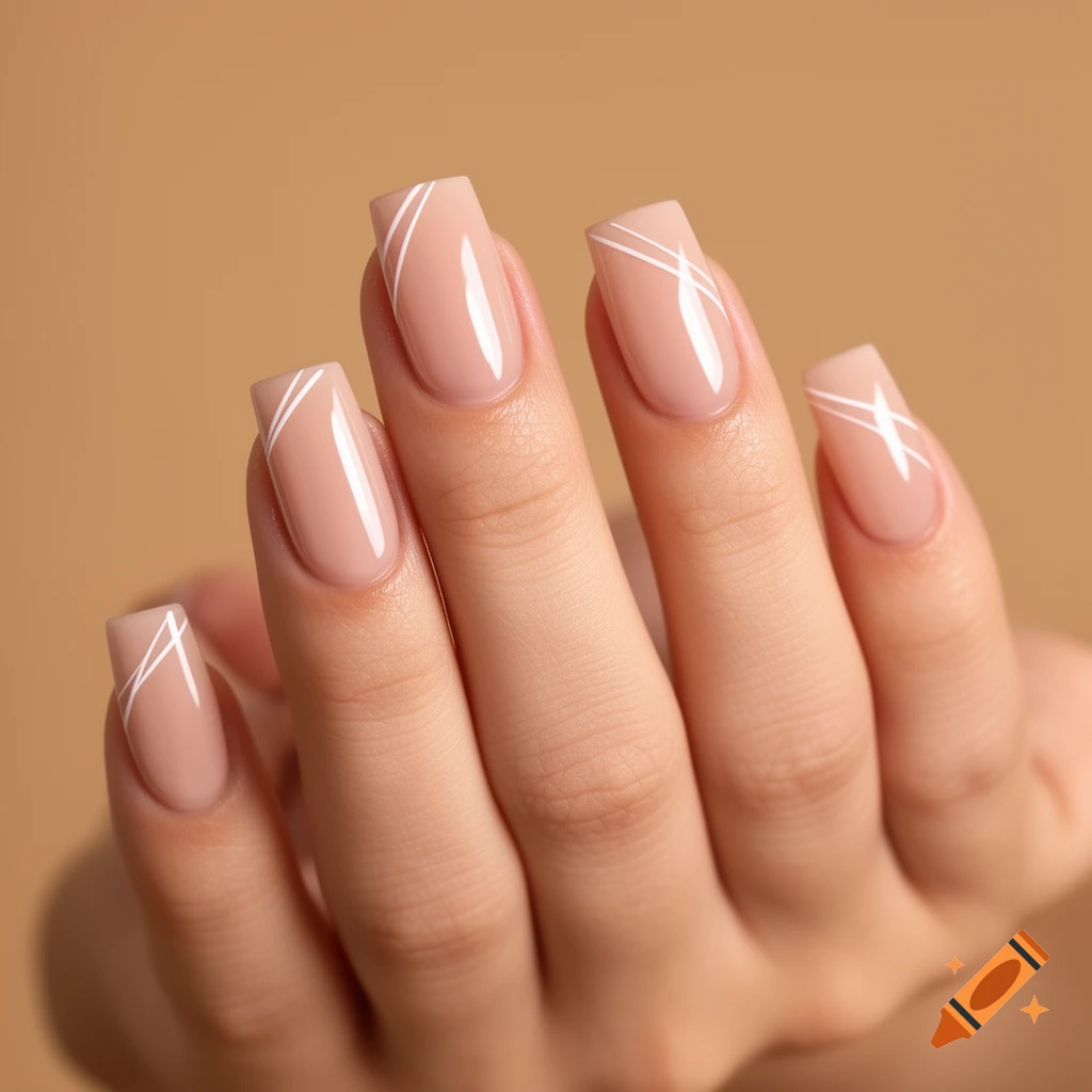 A close-up of a hand with nude square-shaped nails featuring a simple white criss-cross design, set against a beige background.