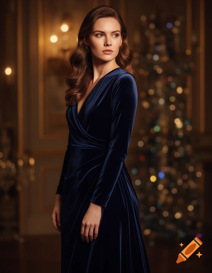A woman in a navy blue velvet dress stands elegantly, looking to the side, in a softly lit room with blurred festive lights.