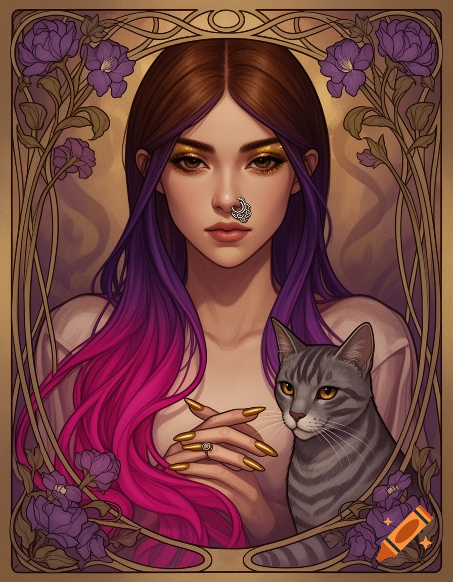 Art Nouveau portrait of a woman with brown-purple and fuchsia hair, golden eyeshadow, gold nails, and a nose ring, beside a striped grey cat.