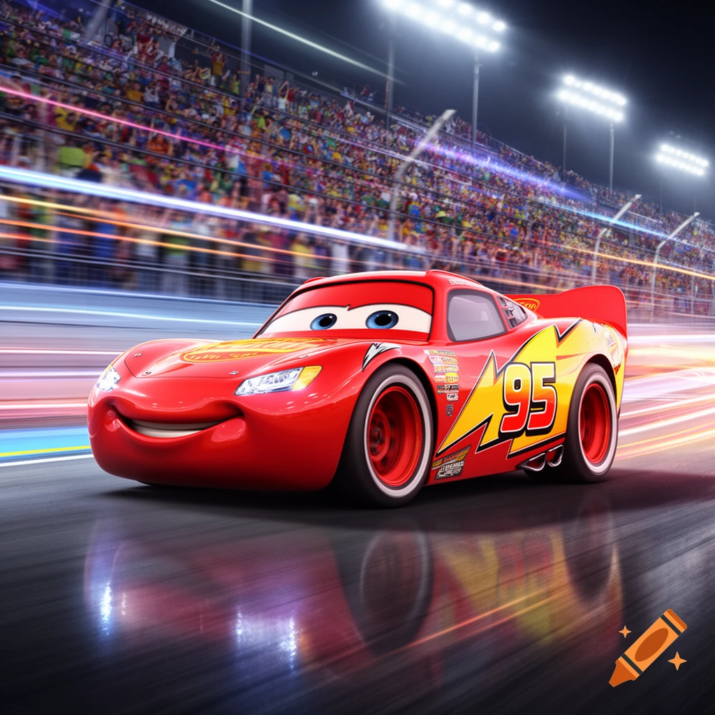 A smiling red cartoon race car with the number 95 on its side speeds on a track at night, with blurred lights and spectators.