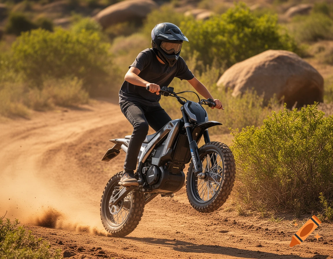 A teenager in a black helmet and clothes rides a dirt bike, kicking up dust on a sunny, rocky dirt track.