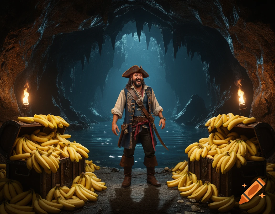 A friendly pirate with a wide smile stands in a dark, glowing cave, flanked by two overflowing treasure chests filled with bananas.