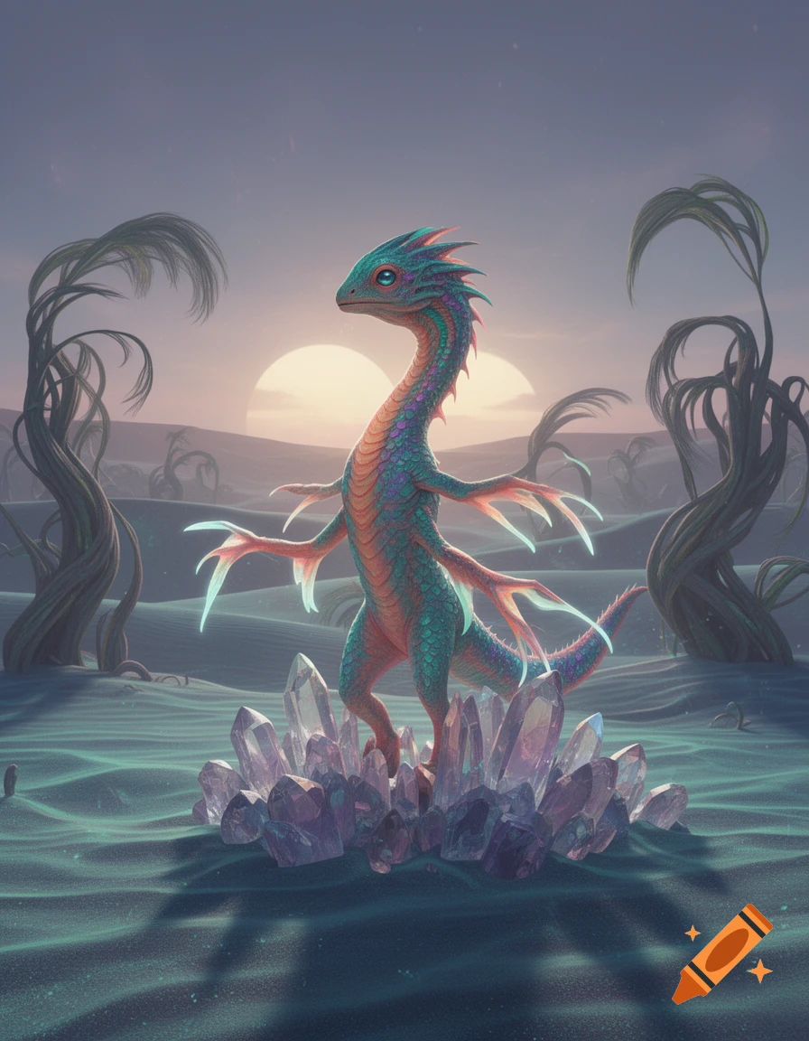 A vibrant, lizard-like creature with teal, orange, and purple scales stands on purple crystals in an alien desert under two suns.