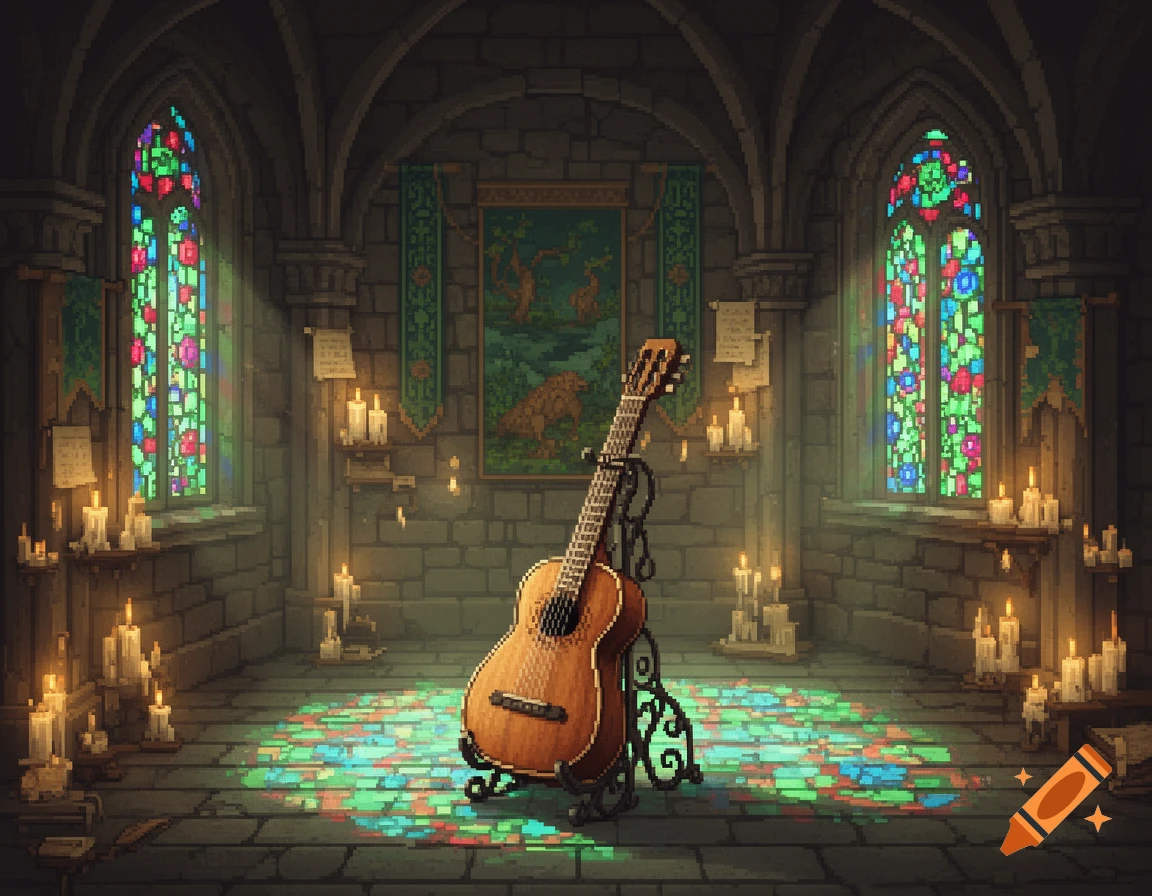 A pixelated view of a medieval fantasy music room with a guitar, lit by colorful stained-glass windows and numerous candles.