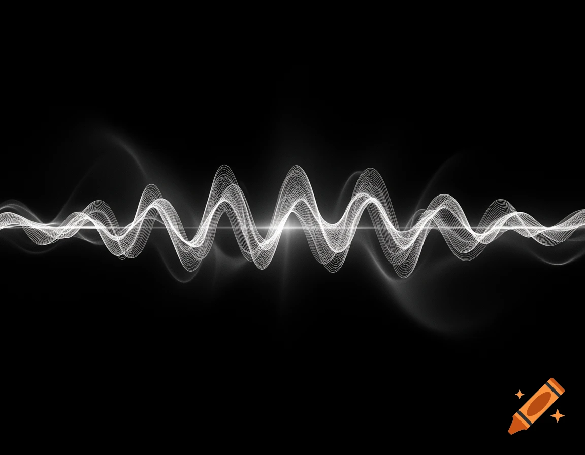 Glowing white sound waves undulate across a dark black background with a central bright spot.