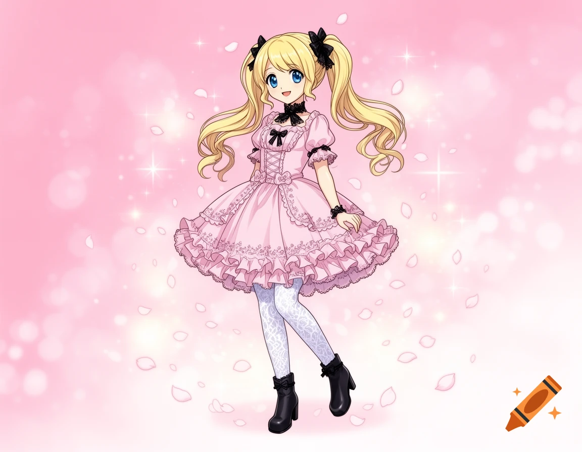 An anime girl with blonde pigtails, blue eyes, and a pink lolita dress with white patterned tights, stands against a sparkly pink background.