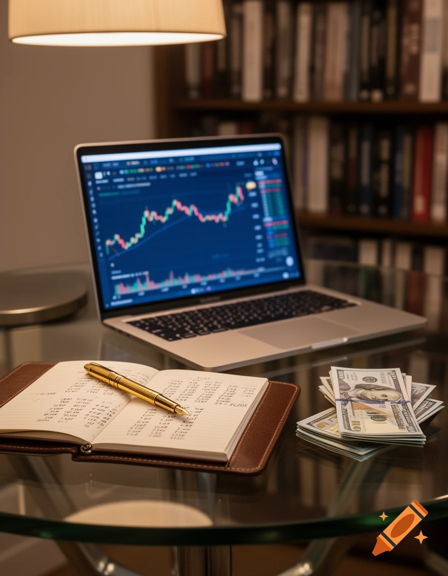 A laptop displaying stock charts on a glass table, alongside an open notebook with a gold pen and stacks of US dollar bills.