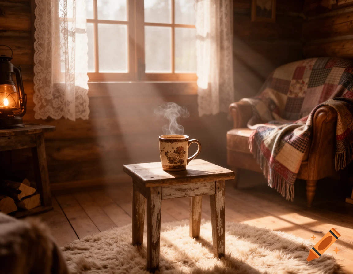 Steaming mug on a small wooden table in a rustic cabin, illuminated by hazy sunlight through a window, with a patterned armchair in the background.