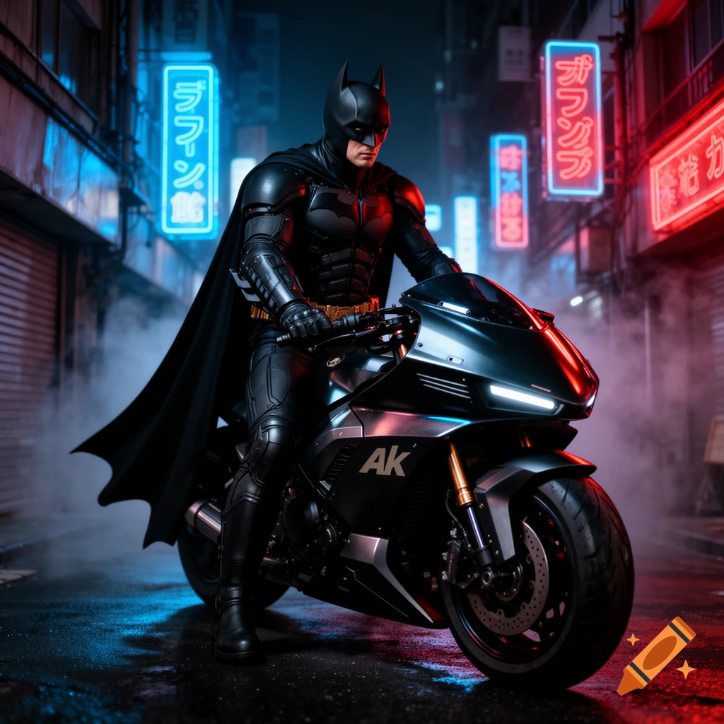 Batman in a black armored suit on a sleek motorcycle, parked on a wet street at night with glowing red and blue neon signs in a city.