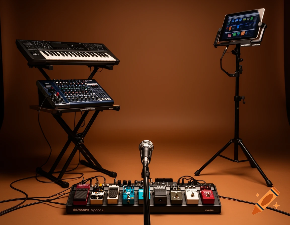 A solo musician's setup with a keyboard, mixer, microphone, and various guitar pedals on a pedalboard, all against a warm brown background.