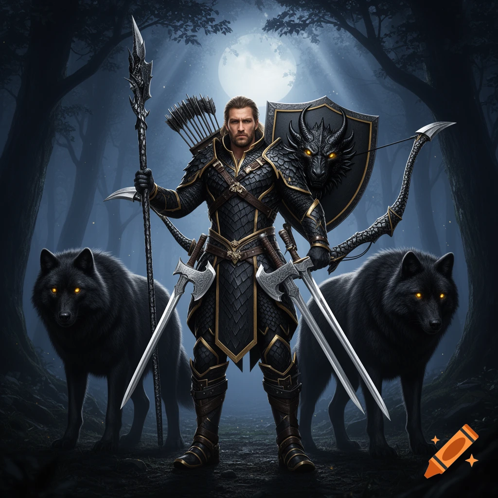 A fantasy warrior in black and gold dragon-scale armor stands with a spear, two swords, a bow, and a dragon-head shield, flanked by two large black wolves with glowing golden eyes in a moonlit forest.