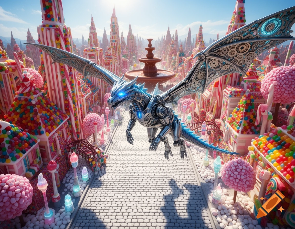 A metallic blue robot dragon with glowing eyes flies over a vibrant, whimsical city made of colorful candies, lollipops, and sweets.