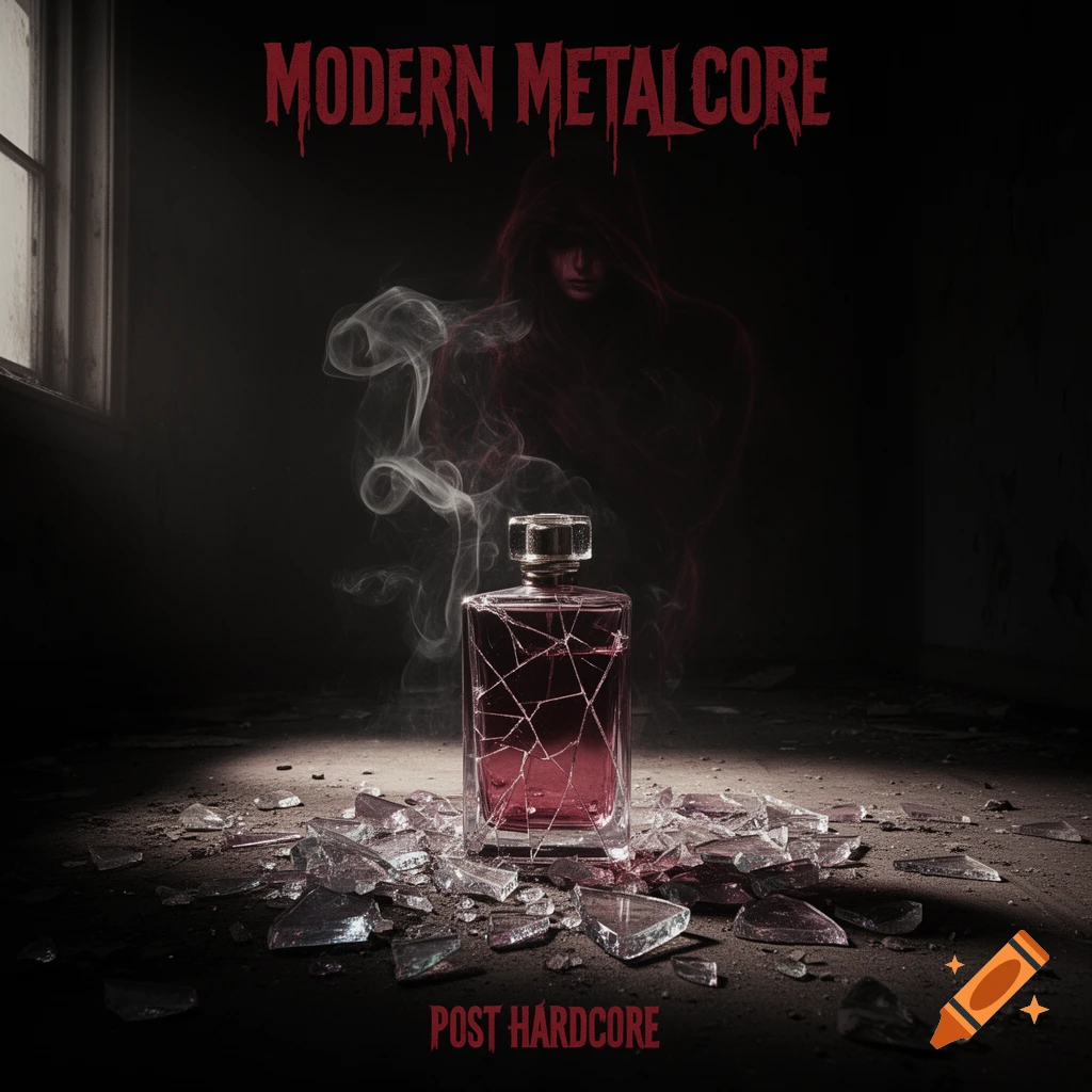Dark album cover features a shattered perfume bottle and glass, with a smoky, ghostly figure in an abandoned room. Text: 'MODERN METALCORE', 'POST HARDCORE'.