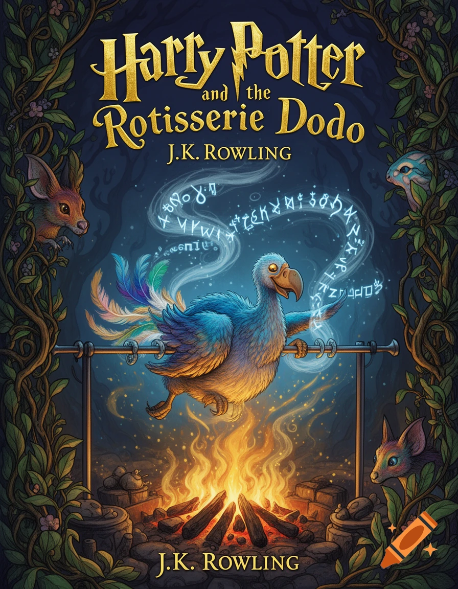 Fantasy book cover: A colorful dodo bird on a rotisserie spit above a campfire, casting a spell, with the title 'Harry Potter and the Rotisserie Dodo'.