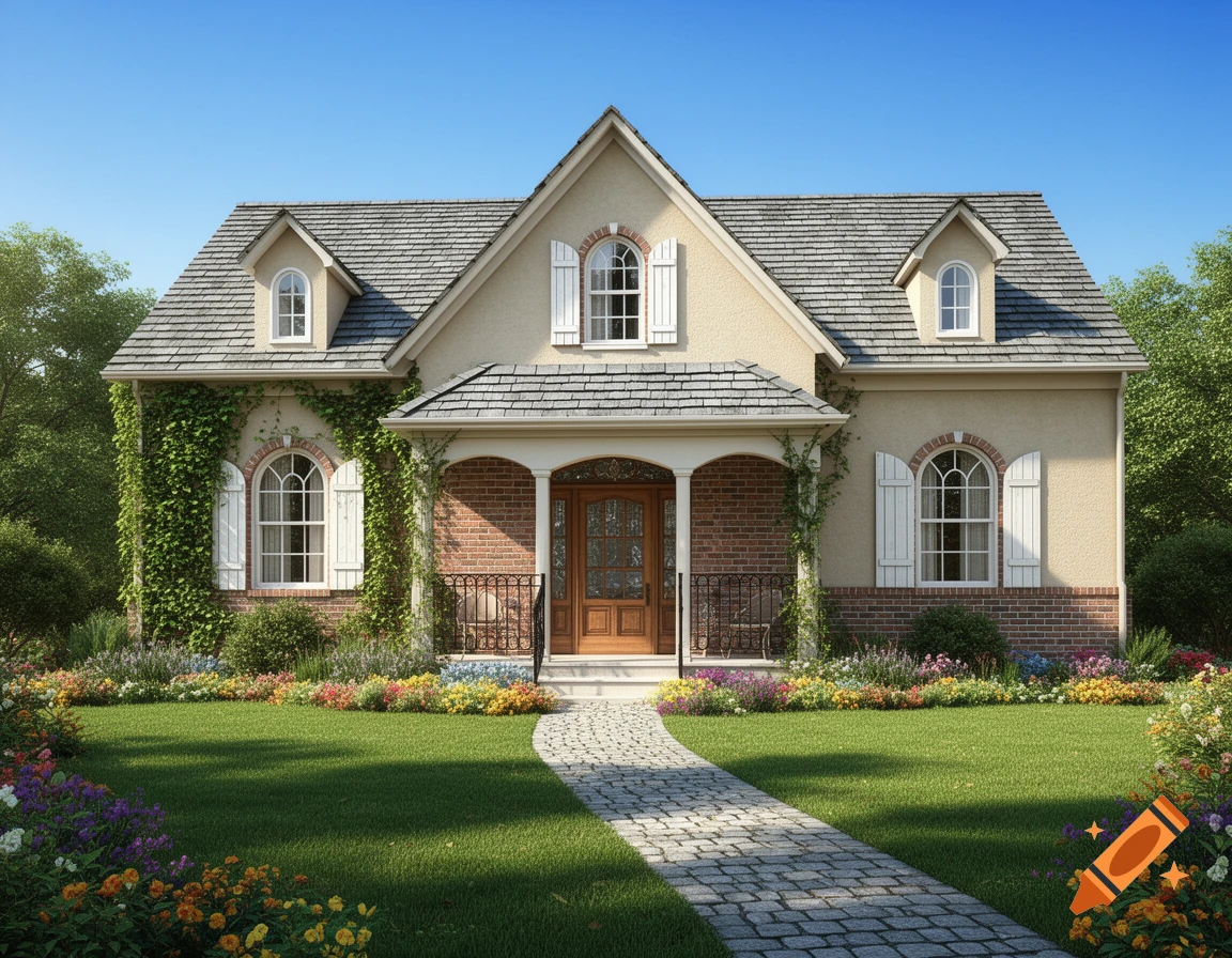 A beautiful European-style suburban home with a stone path, lush green lawn, colorful flower beds, and climbing ivy on the walls.