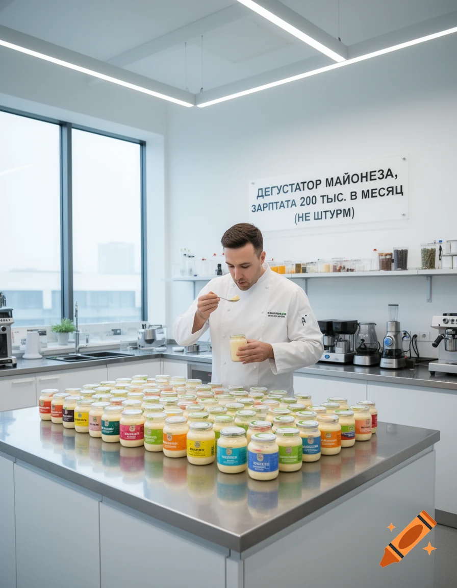A chef tastes mayonnaise from a spoon, surrounded by jars on a counter in a modern kitchen, with a Russian sign in the background.