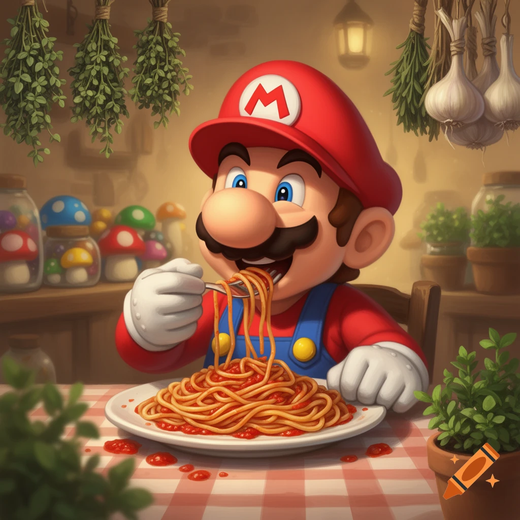 Cartoon Mario happily eating a large plate of spaghetti in a rustic kitchen filled with hanging herbs and garlic.