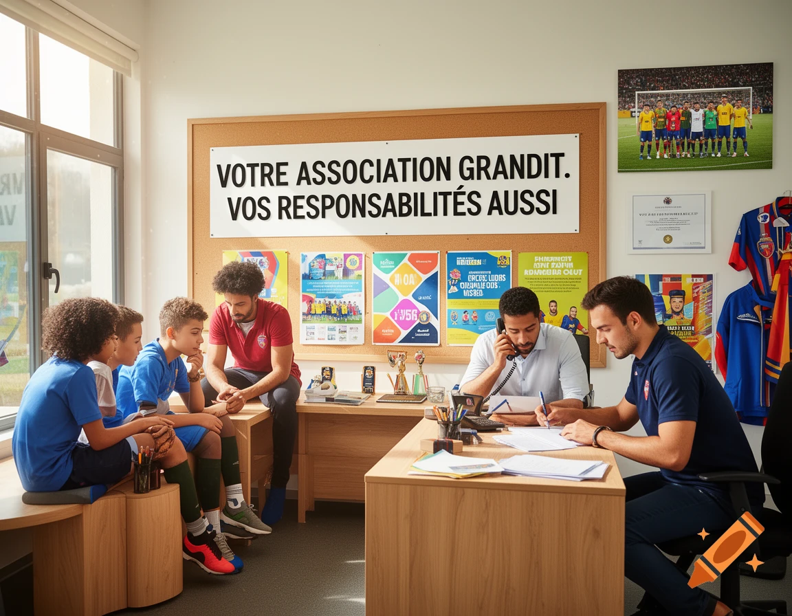 Men and boys in a sports club office. Two men are at desks, one on the phone, the other writing. Three boys sit on a bench nearby.