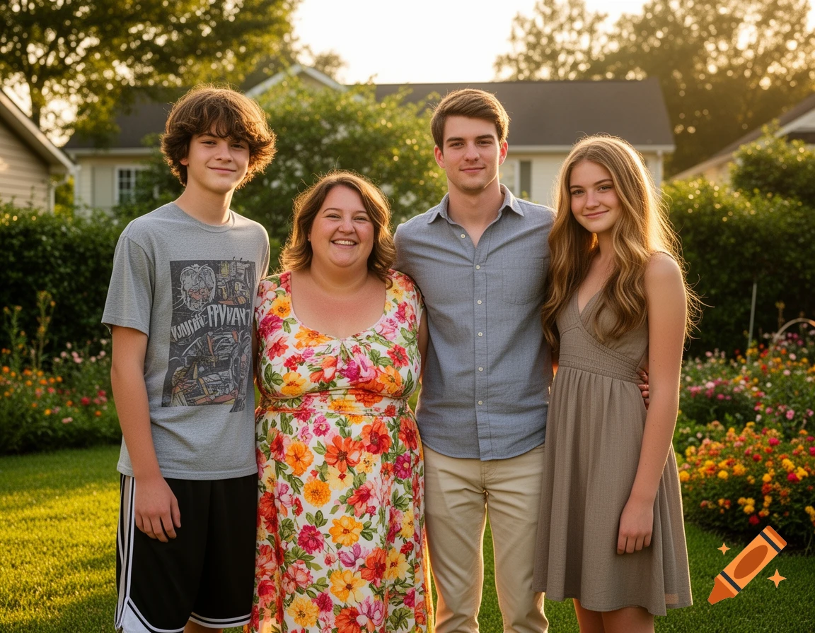 A smiling family of four, including a mother and her three children, poses in a sunlit garden.