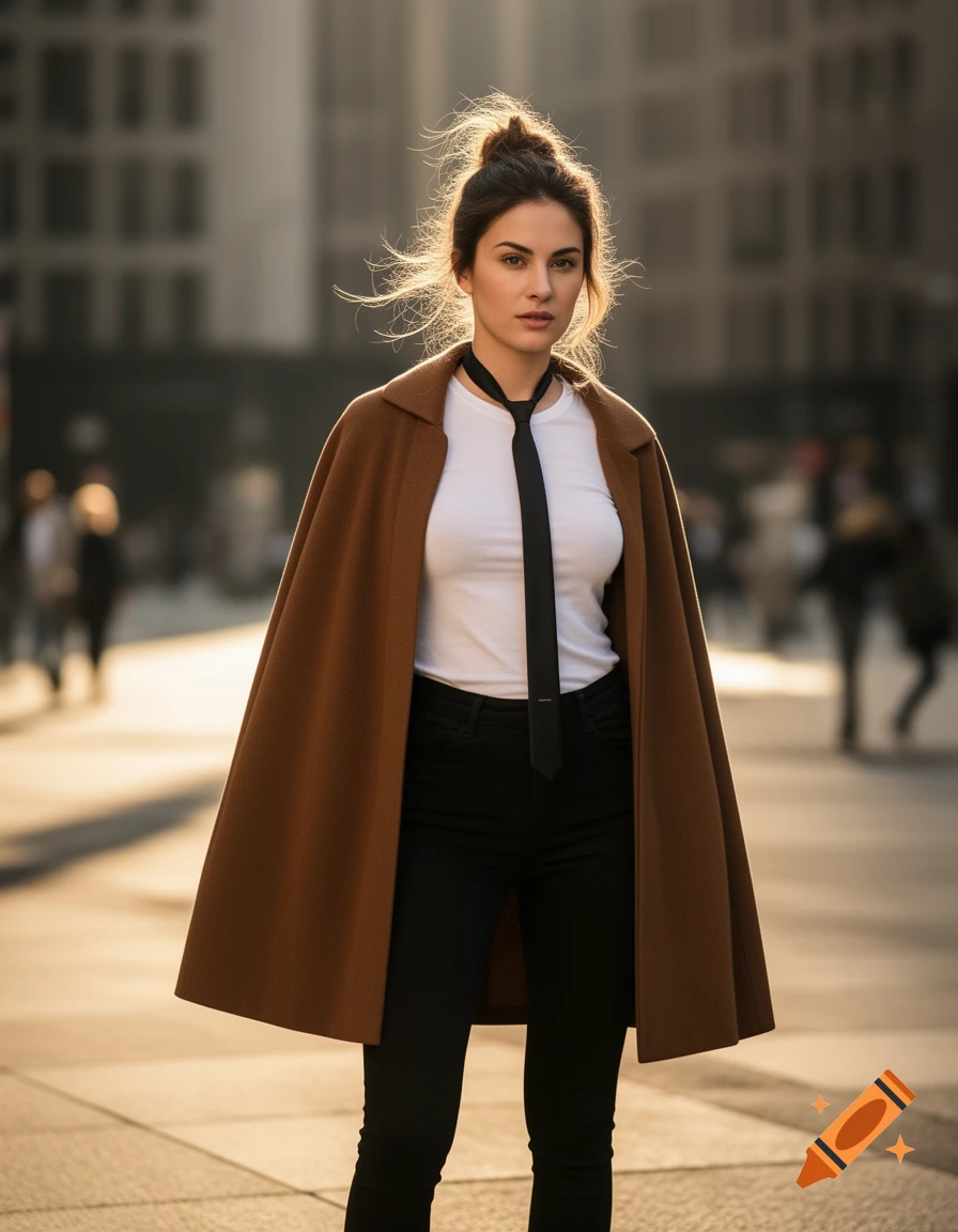A woman with a messy bun, brown cape, white t-shirt, black tie, and black pants stands on a city street.