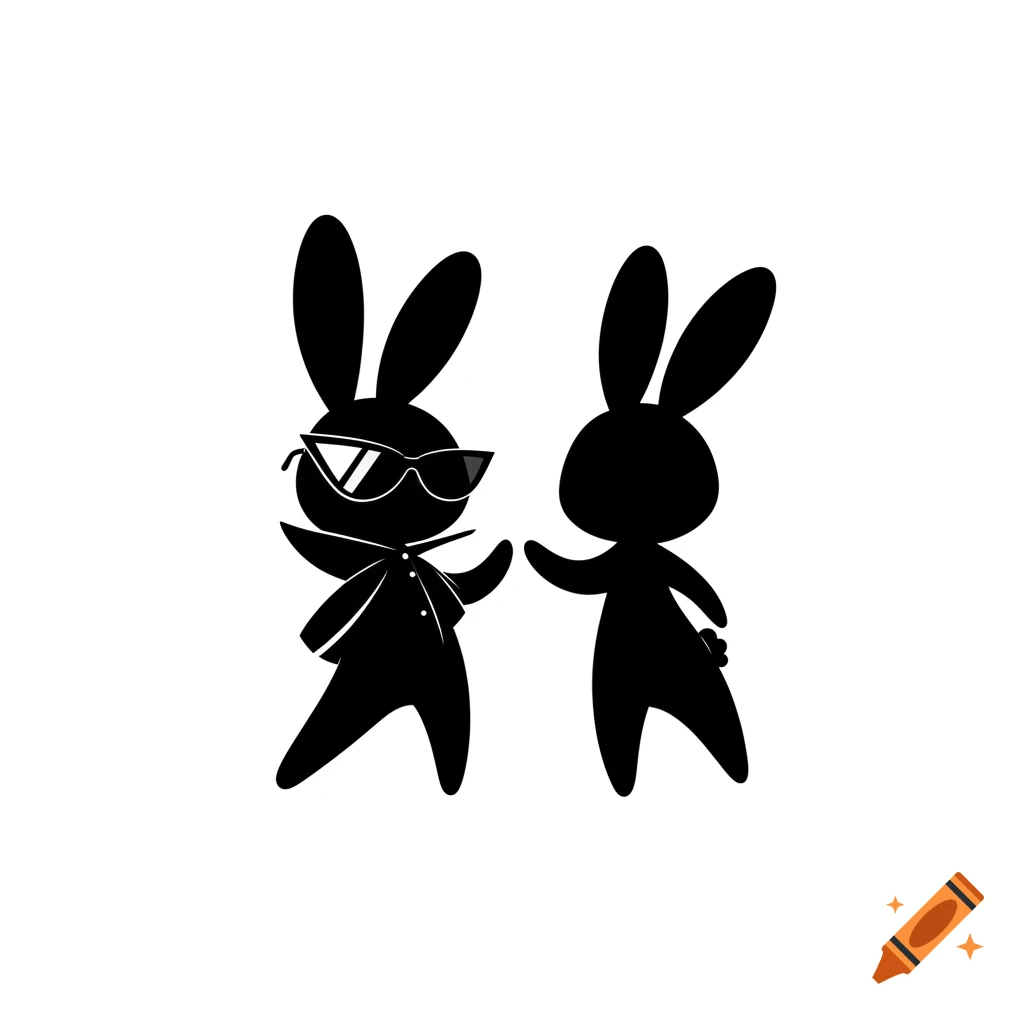 Two black silhouette bunnies, one with sunglasses, in a minimalist illustration on white background.