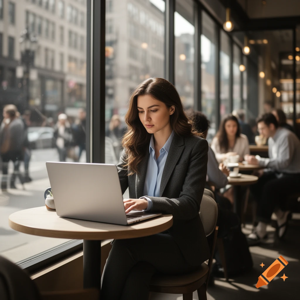 A professional woman in a suit works on a laptop at a cafe table, with a bustling city street outside.