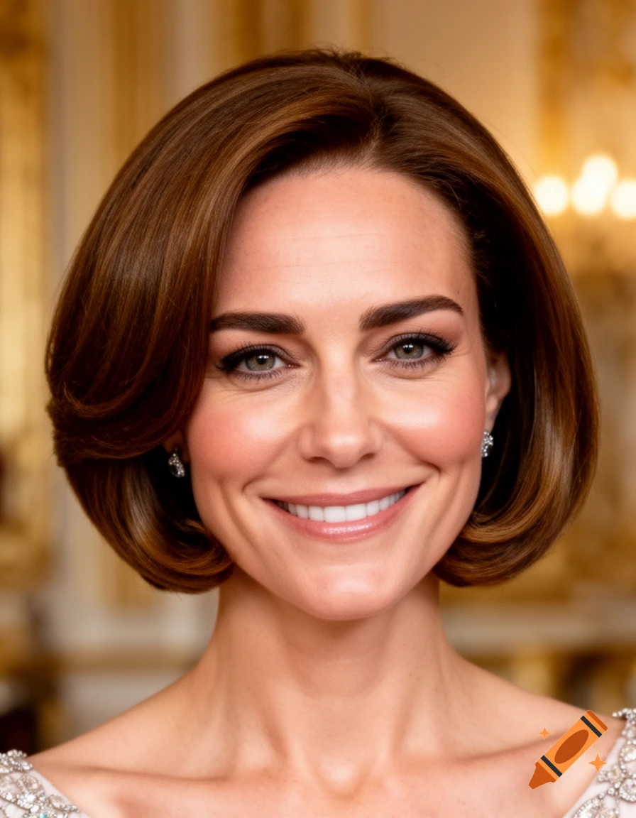 Photorealistic portrait of Catherine Middleton with a short bob hairstyle, smiling sweetly.