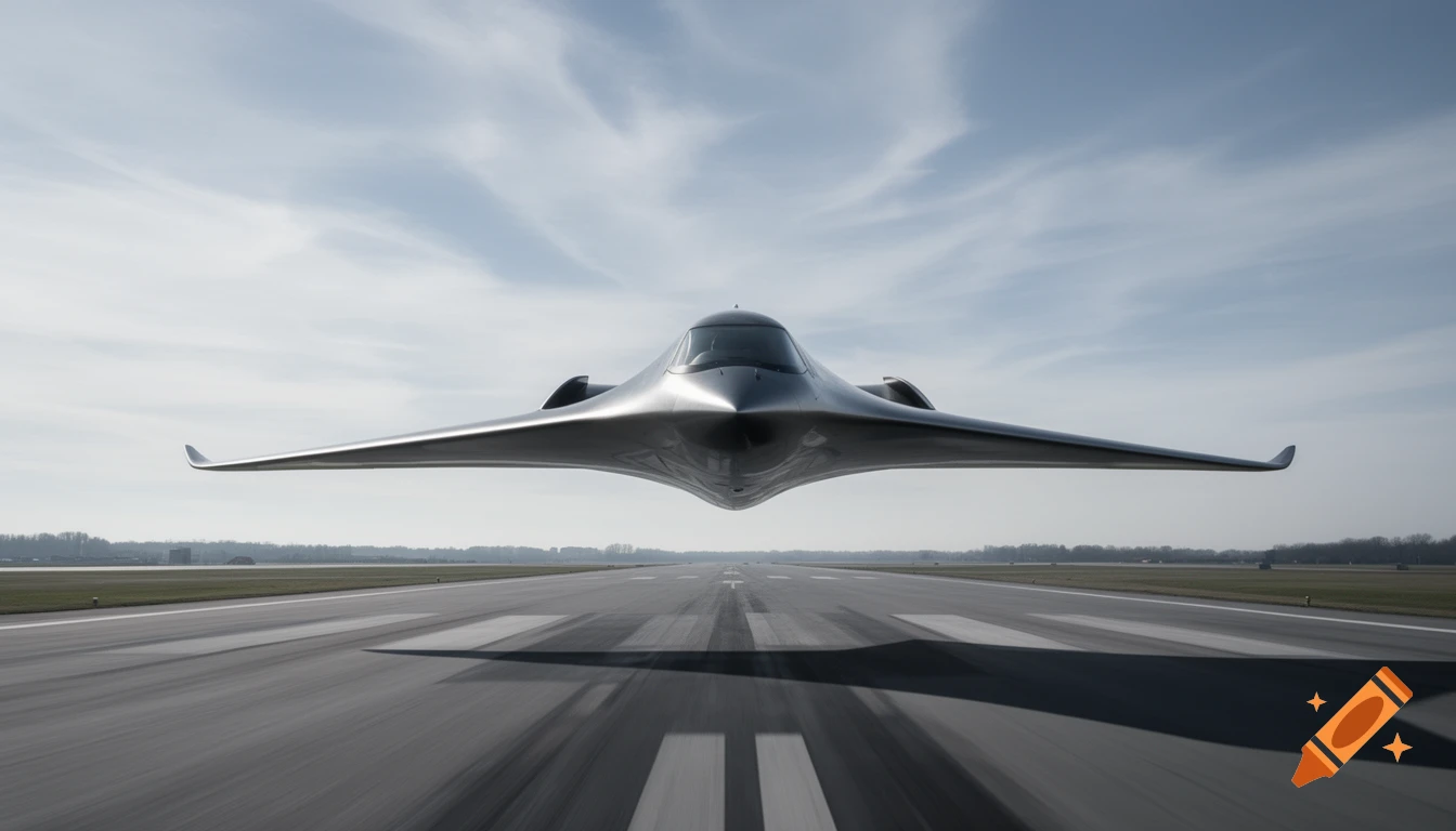 A sleek, dark futuristic aircraft hovers just above a runway under a cloudy sky.
