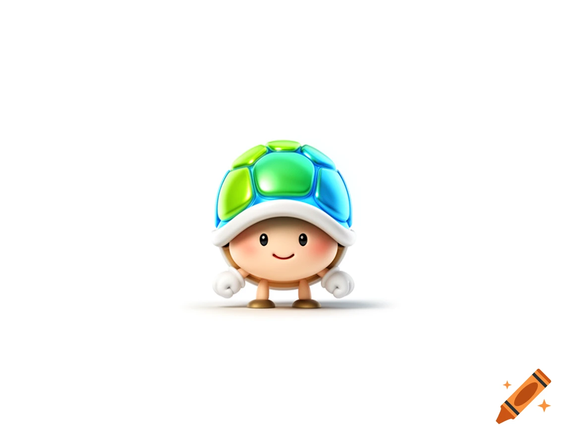 A cute, simple cartoon video game character resembling a turtle, with a green and blue shell and a smiling face, on a white background.