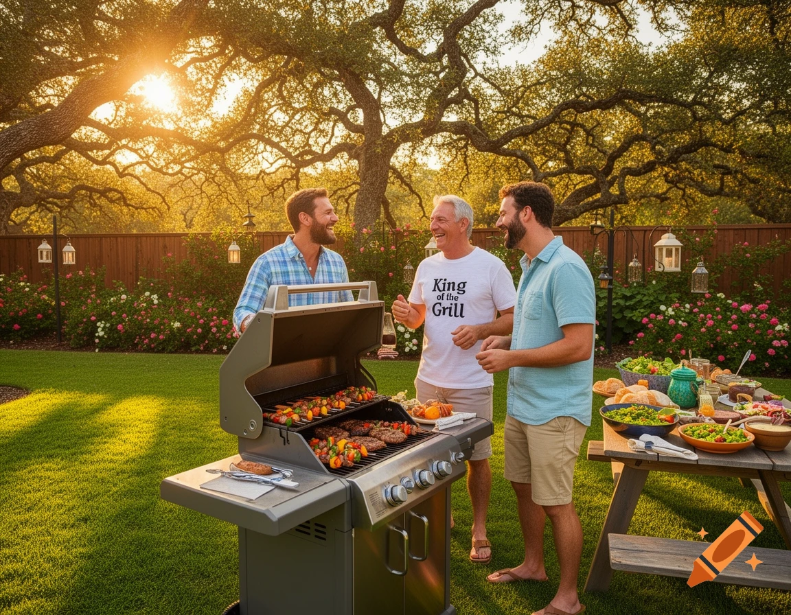 Three men smile and laugh while grilling meat and vegetables on a sunny day in a lush green backyard.
