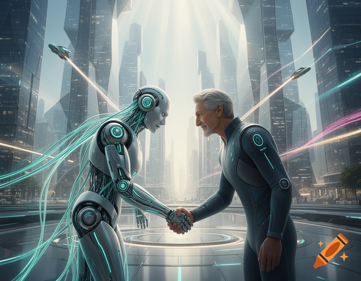 An AI robot and a man in futuristic attire shaking hands in a dazzling, tall-building futuristic city with flying vehicles.