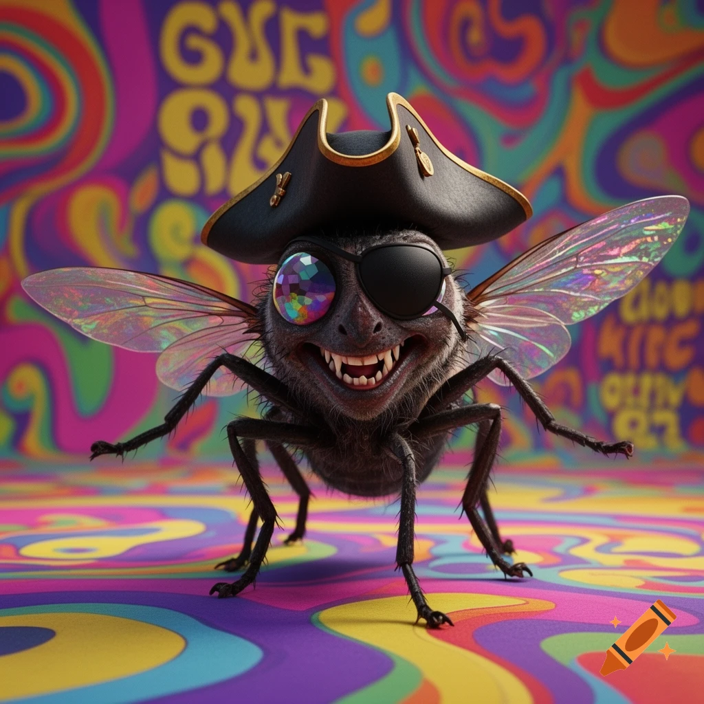 A stylized 3D pirate fly with a patch and hat grins against a vibrant psychedelic background.