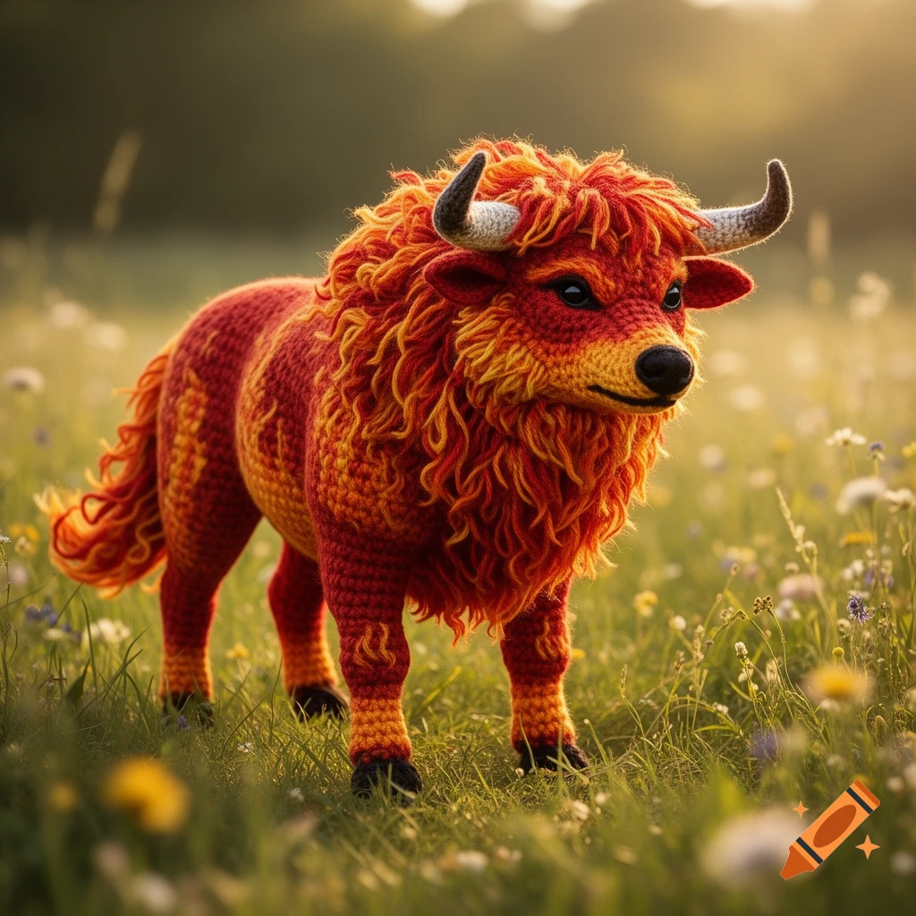 A crocheted bull-like creature with shaggy red and orange yarn fur and small horns stands in a sunny, grassy field with wildflowers.