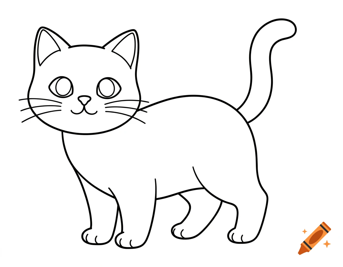 Simple black and white outline drawing of a standing cat, designed for coloring.