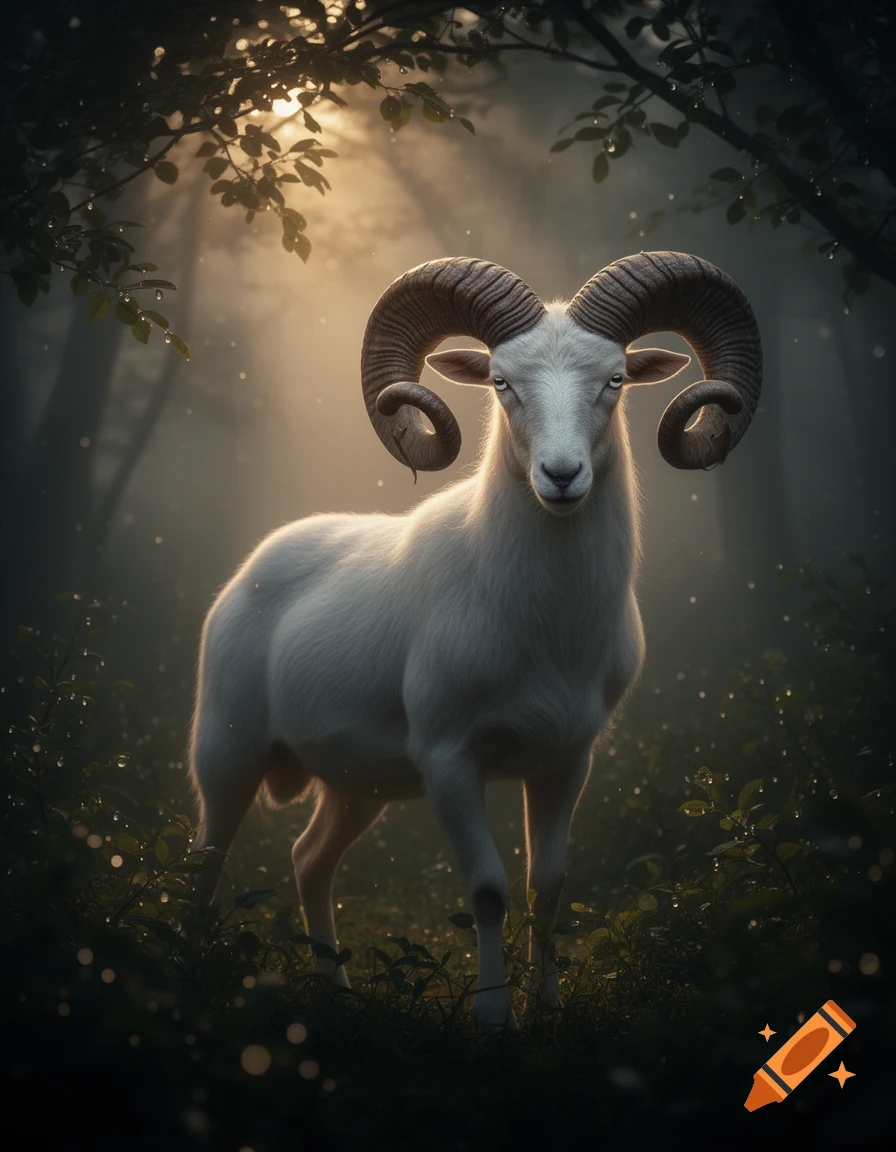 A majestic white ram-like creature with large curled horns stands in a mystical, sun-drenched, foggy forest.