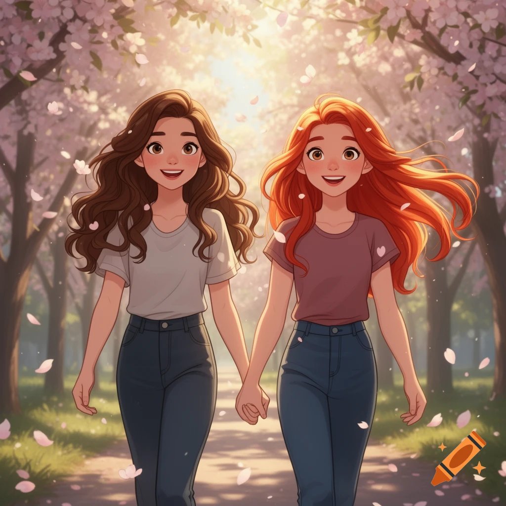 Two animated girls, one brunette and one redhead, hold hands while walking through a cherry blossom park.