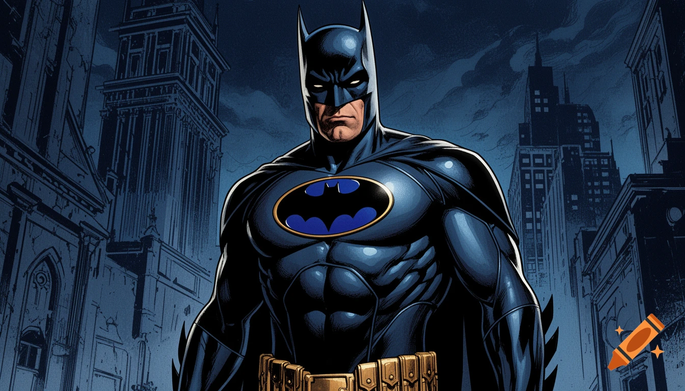 Batman in a dark blue batsuit and cowl stands against a neo-gothic city skyline at night in a comic book style.