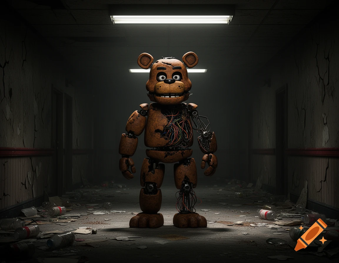 Dilapidated Freddy Fazbear animatronic with exposed wires stands in a dark, trashed, abandoned corridor in a photorealistic style.