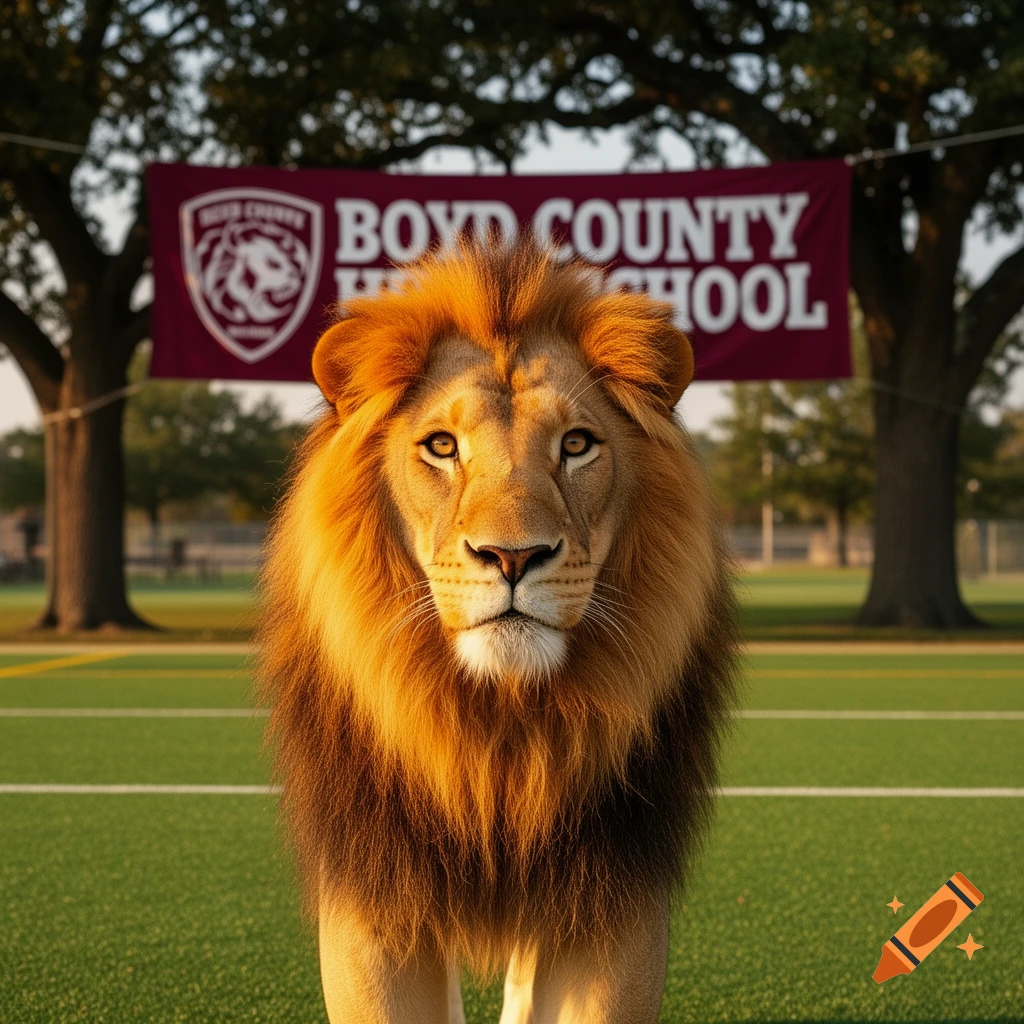 Photorealistic lion stands on a green turf sports field with a 'Boyd County High School' banner between two trees.